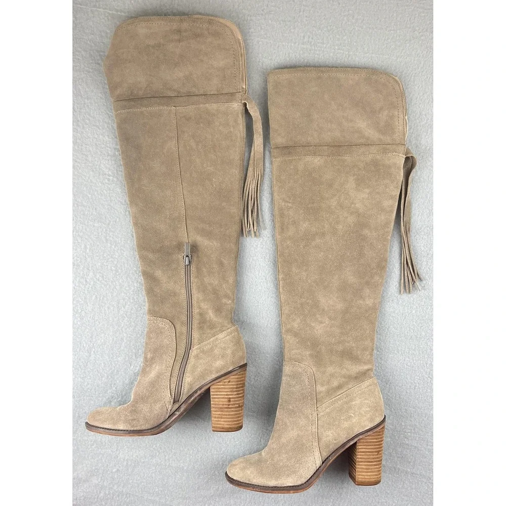 Franco Sarto Boots Womens Size 7 Taupe Suede Over The Knee Ellyn Block‎ Heel